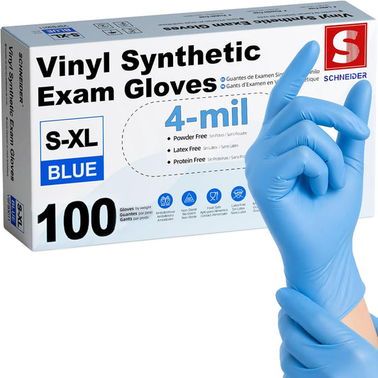 Blue Vinyl Synthetic Exam Gloves, Medium, Box of 100, 4-Mil, Powder-Free, Latex-Free, Non-Sterile, Disposable Gloves